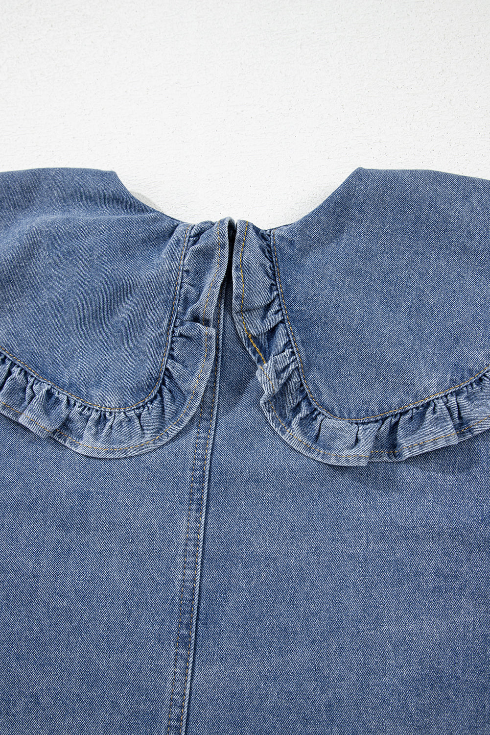 Dusk Blue Ruffled Collared Side Pockets Puff Sleeve Denim Mini Dress eAura
