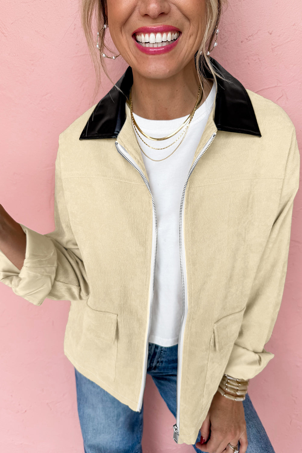 Contrast Faux Leather Collar Textured Zip-Up Jacket - eAura