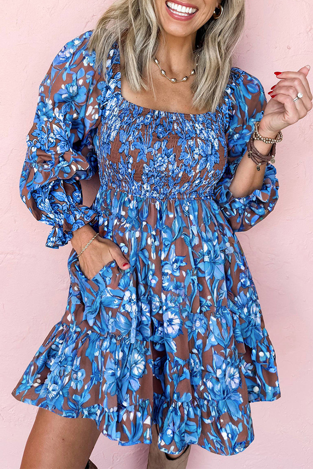 Smocked Bodice Ruffled Sleeve Floral Dress - Dresses/Mini Dresses
