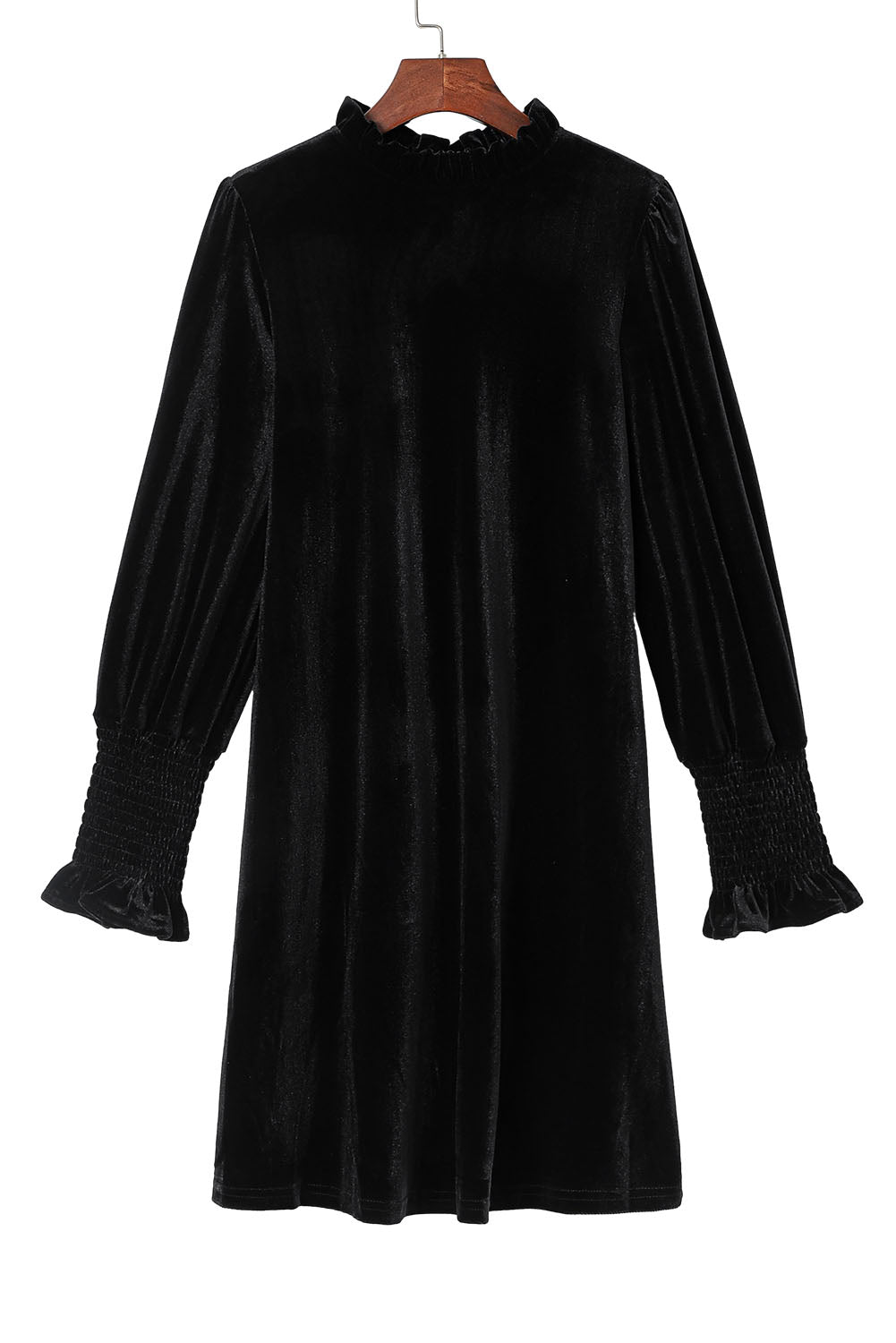 Black Velvet Frill Neck Long Sleeve Shift Dress - eAura