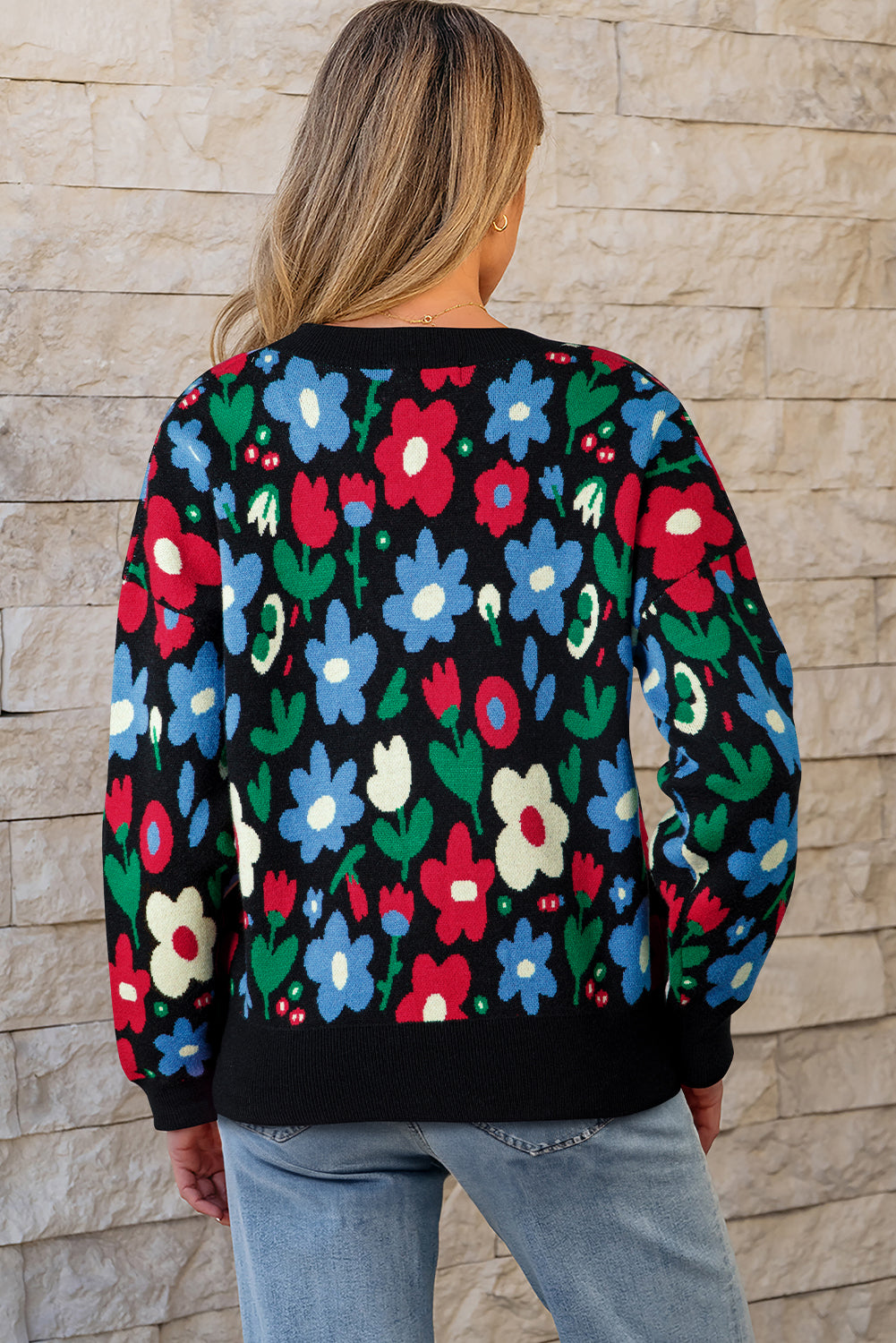 Floral Print V-Neck Buttoned Short Cardigan Sweater - eAura
