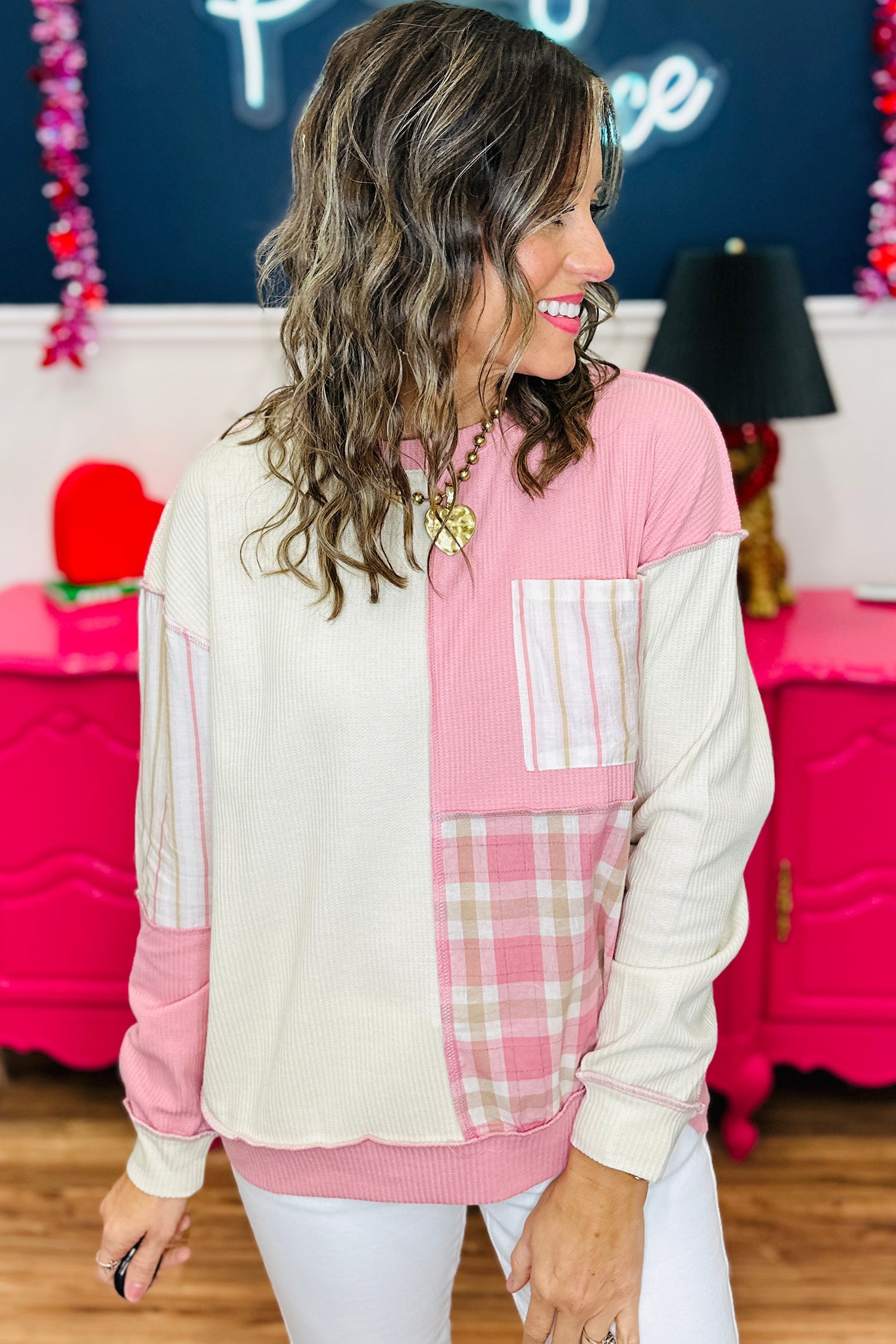 Colorblock Plaid Panel Long Sleeve Plus Size Blouse – Pink