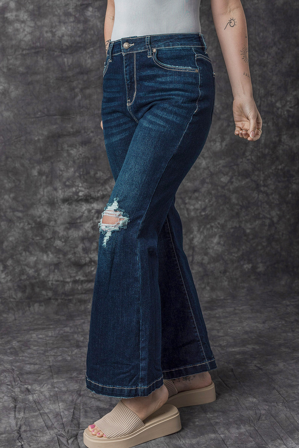 Real Teal High Rise Ripped Bell Bottom Jeans Beagle Boutique Fashion Outlet