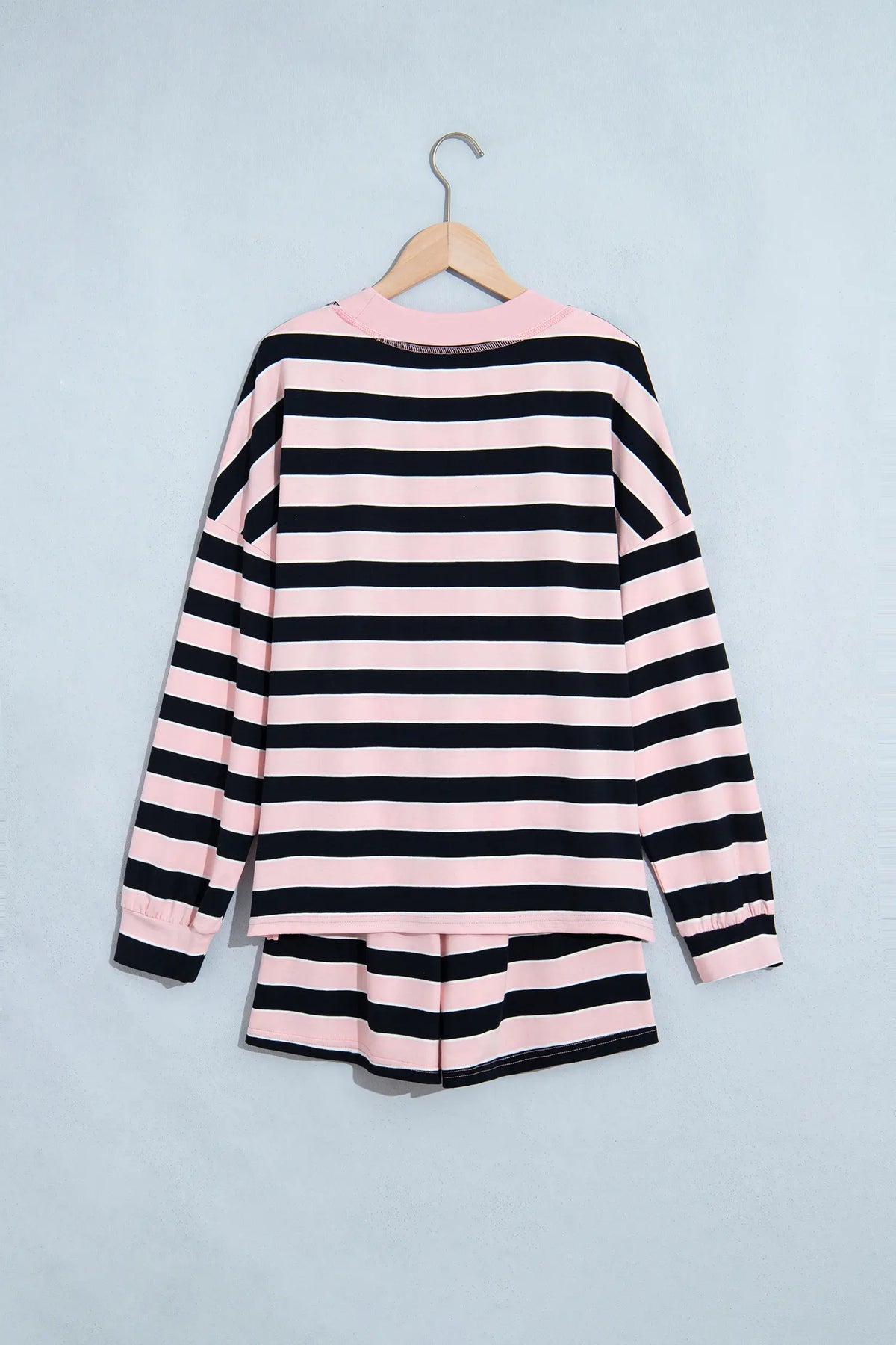 Pink Stripe Oversized Long Sleeve Top Elastic Waist Shorts Casual 2pcs Set