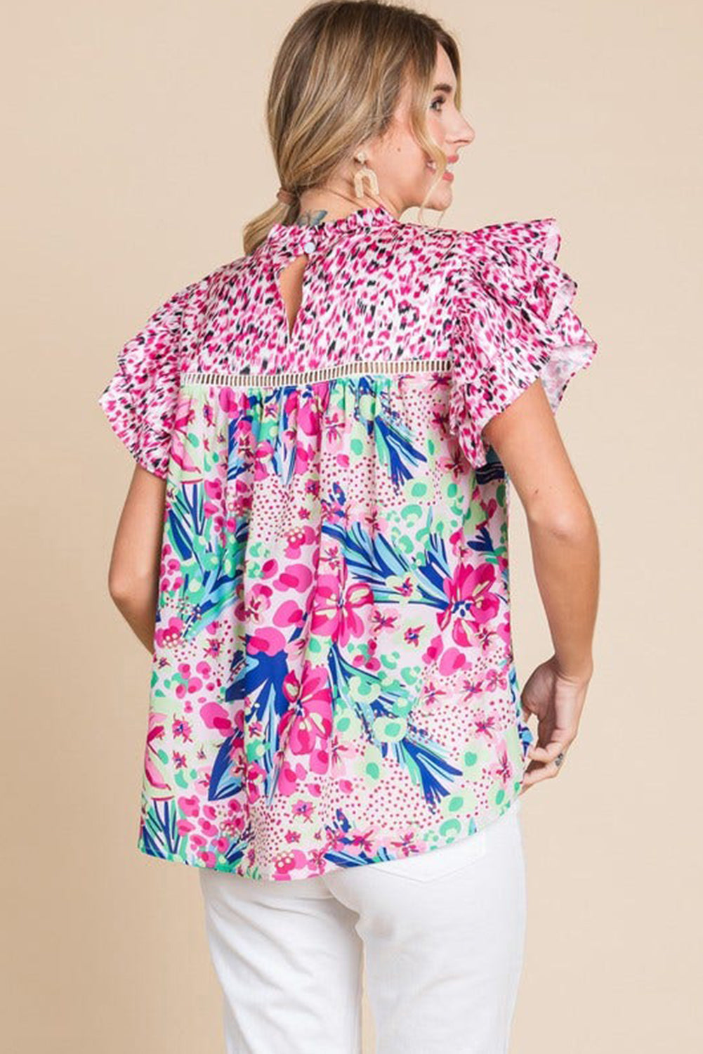 Pink Floral Mixed Print Ruffle Cap Sleeve Blouse eAura