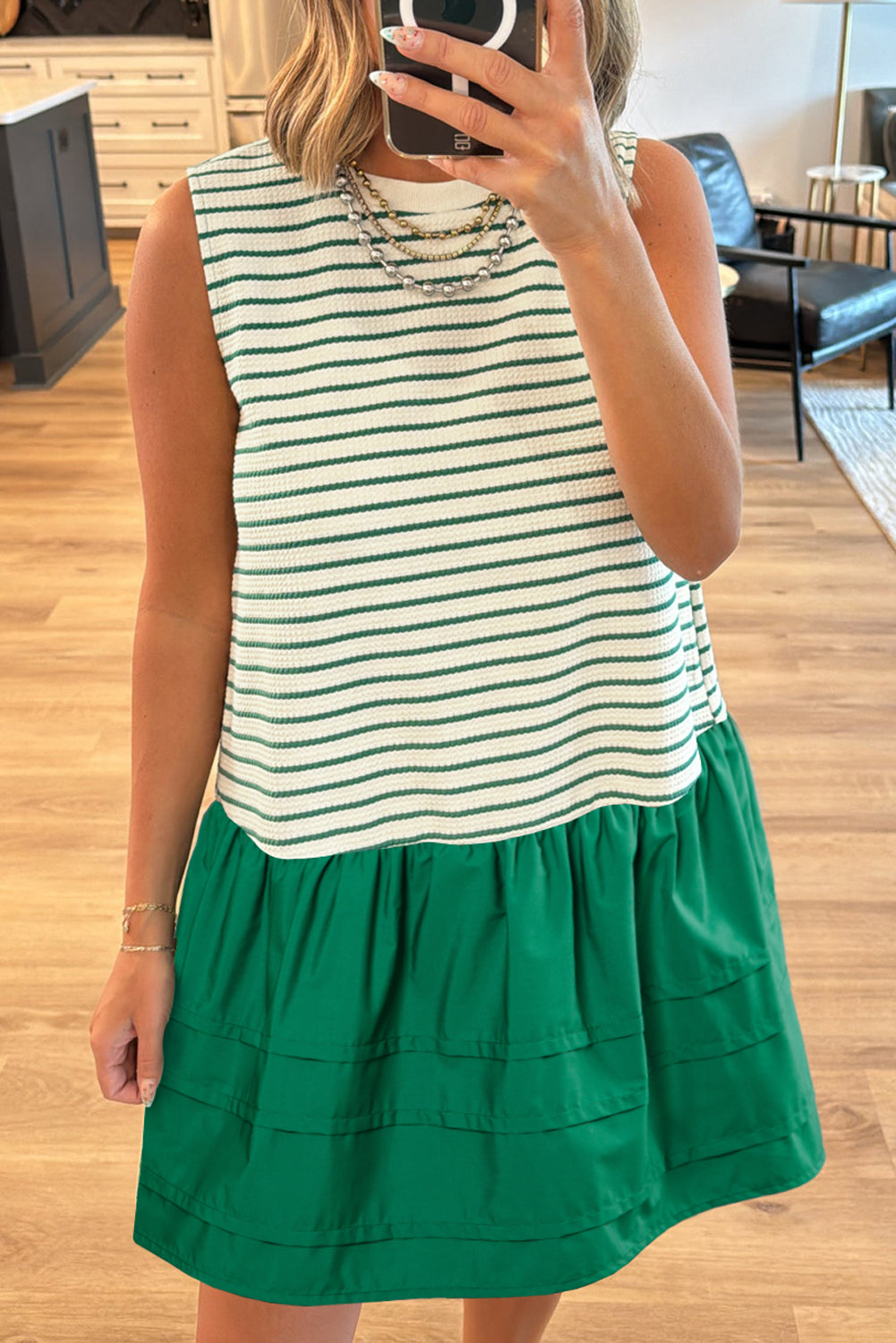 Green Stripe Woven Ruffled Sleeveless Mini Dress eAura