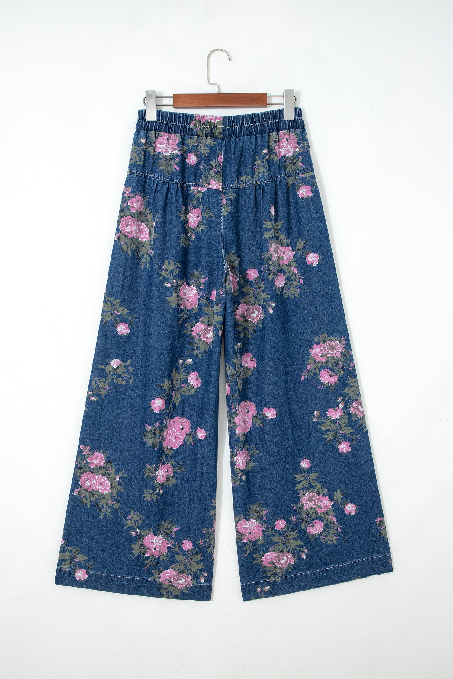 Floral Print Elastic Waist Pintuck Wide Leg Jeans