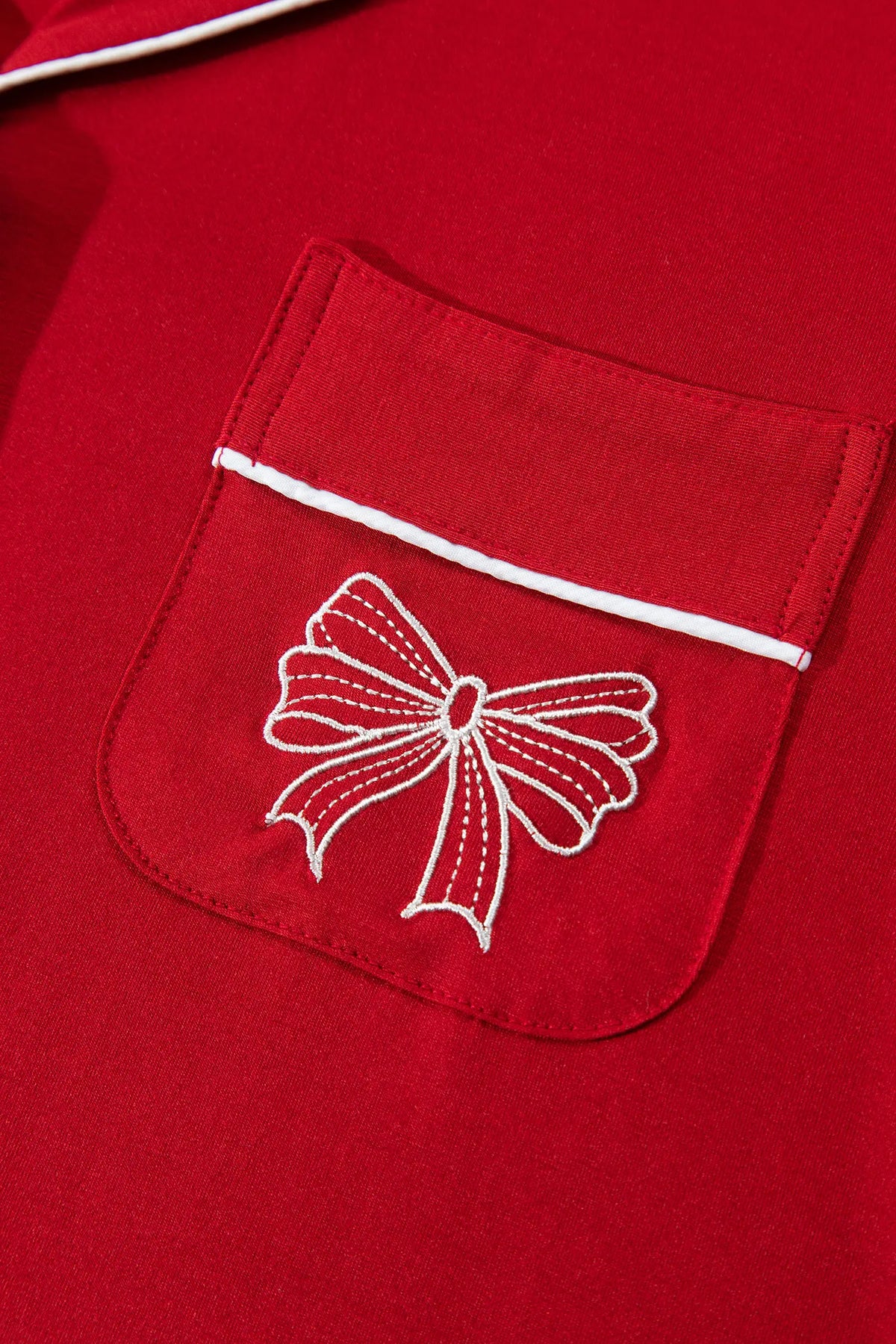 Racing Red Bow Pocket Detail Long Sleeve Shirt 2pcs Pajama Set