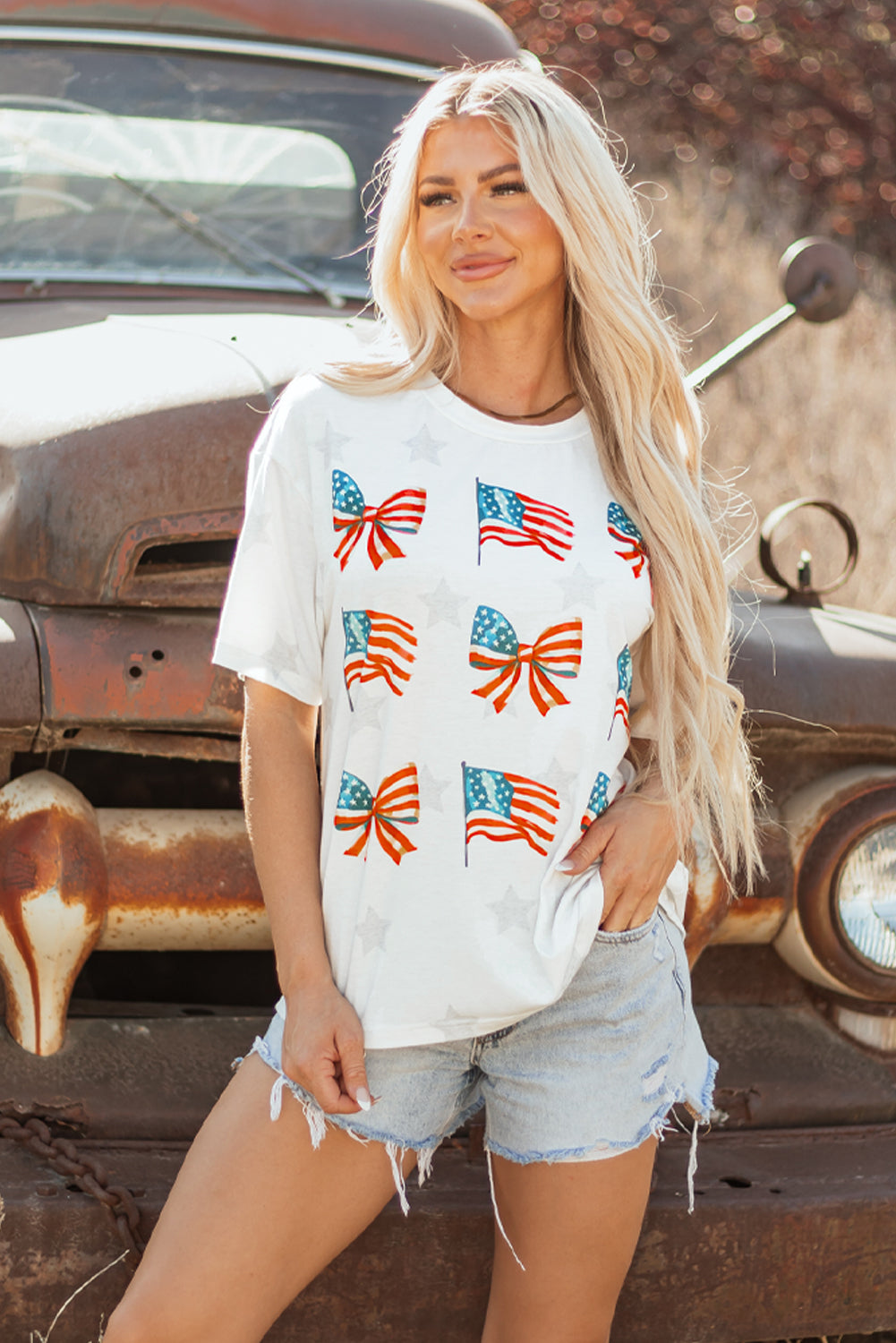 Khaki Patriotic Flag Bow Graphic Starry Round Neck T Shirt - eAura