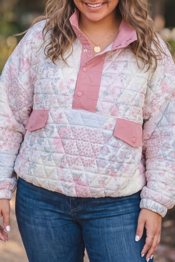 Floral Quilted V-Neck Plus Size Fake Pocket Sweatshirt – Pink