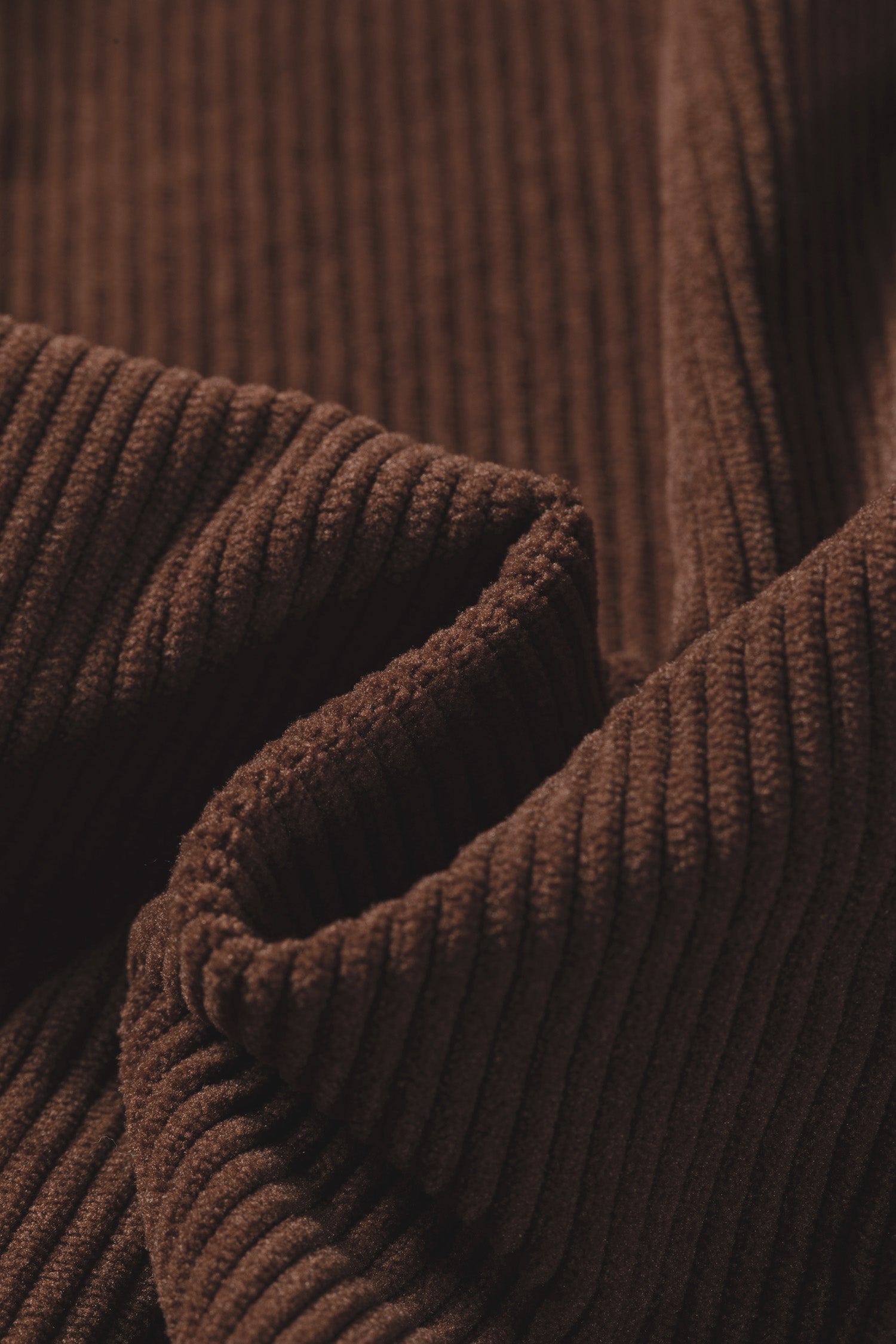 Coffee Solid Color Ruffle Trim V Neck Long Sleeve Button Corduroy Shakcet – Brown