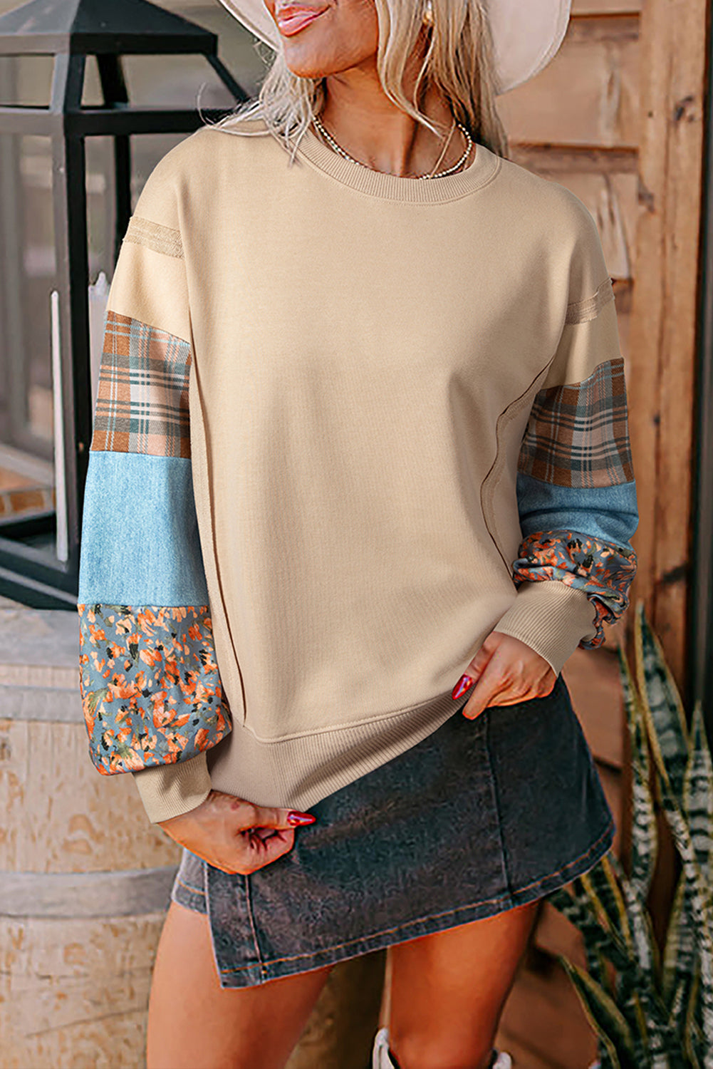 Colourblock Patchwork Sleeve Raw Seam Sweatshirt - eAura