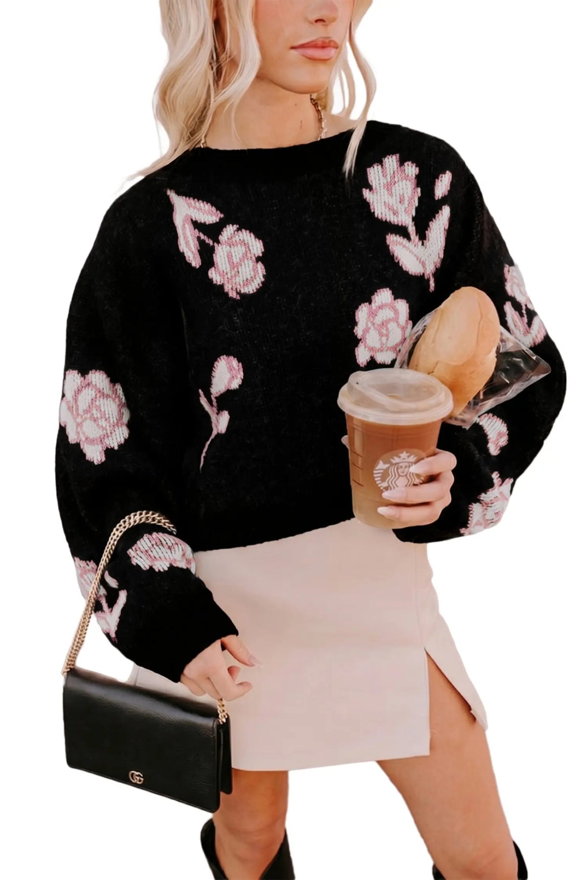 Floral Pattern Puff Sleeve Dropped Shoulder Pullover Sweater – Black