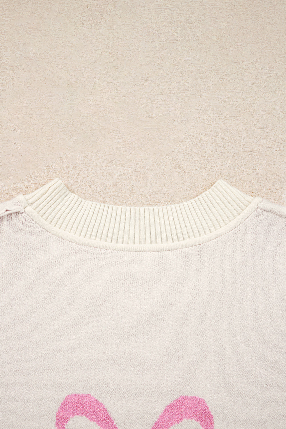 Pink Bow Print Ribbed Trim Exposed Seam Drop Shoulder Loose Sweater eAura