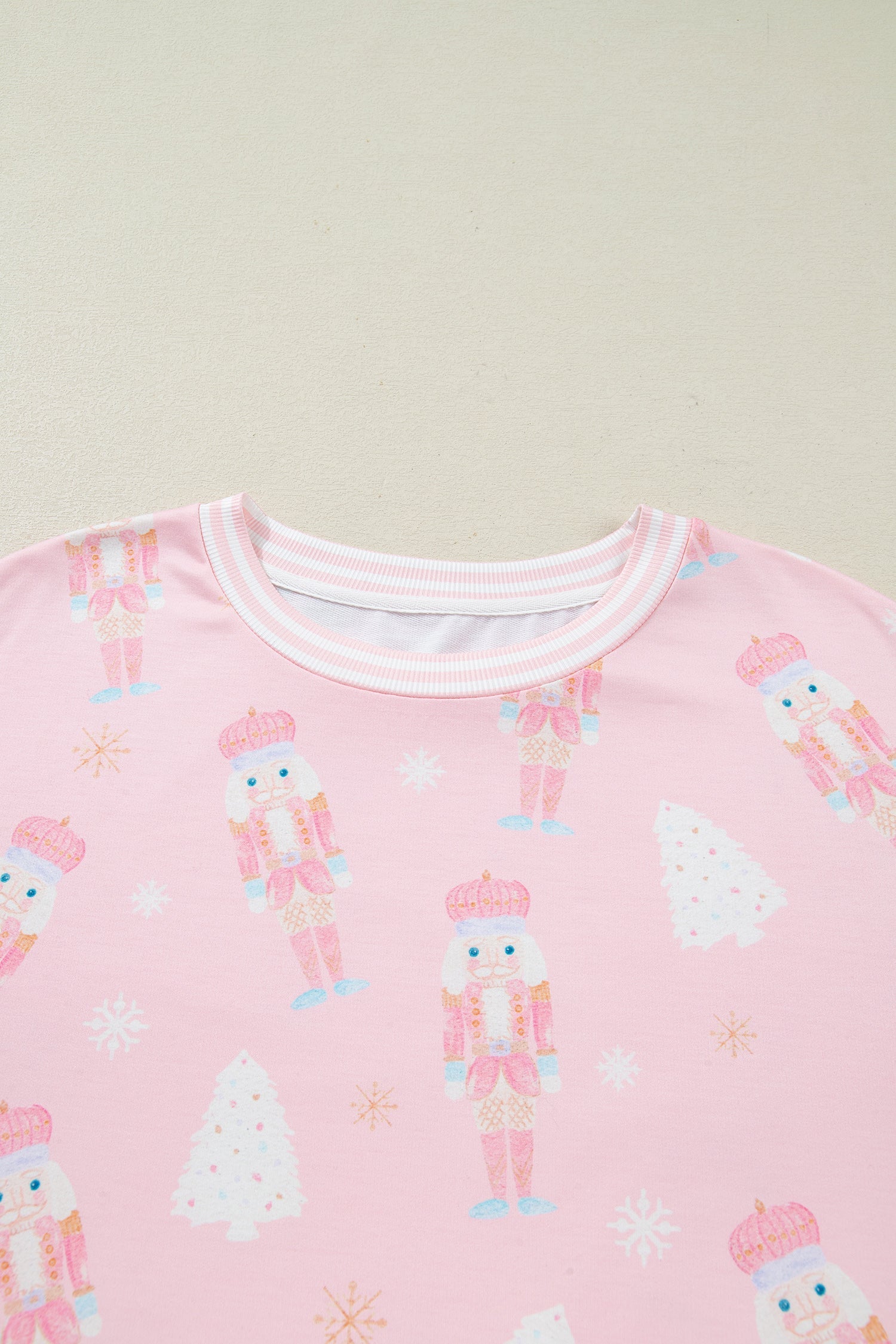 Pink Christmas Tree Nutcracker Doll Print Contrast Trim Long Sleeve Top Matching Shorts Set - Two Piece Sets/Short Sets