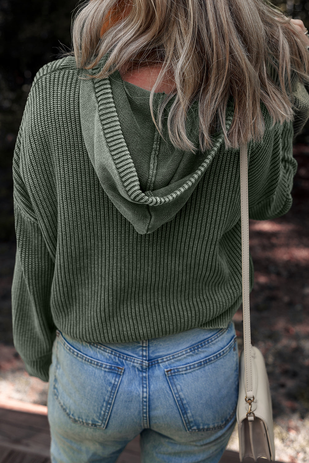 Mineral Wash Ribbed Button Drawstring Neck Hooded Sweater - eAura