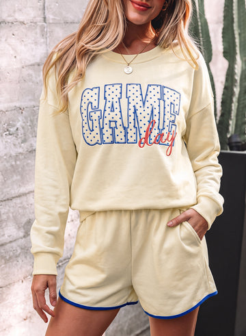 Game Day Crewneck Long Sleeve Pullover Athleisure Short Sets – Beige
