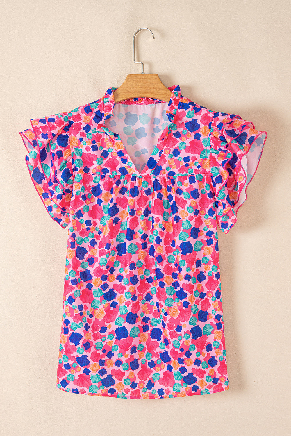 Rose Red Abstract Print Ruffled Sleeve V Neck Blouse eAura