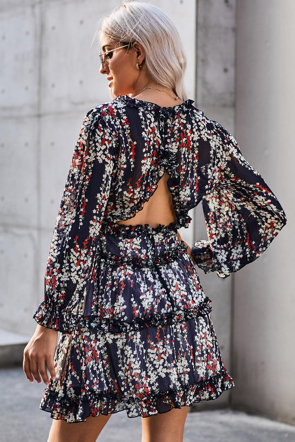 Blue Ruffle Detailing Open Back Floral Dress BB Fashion Outlet