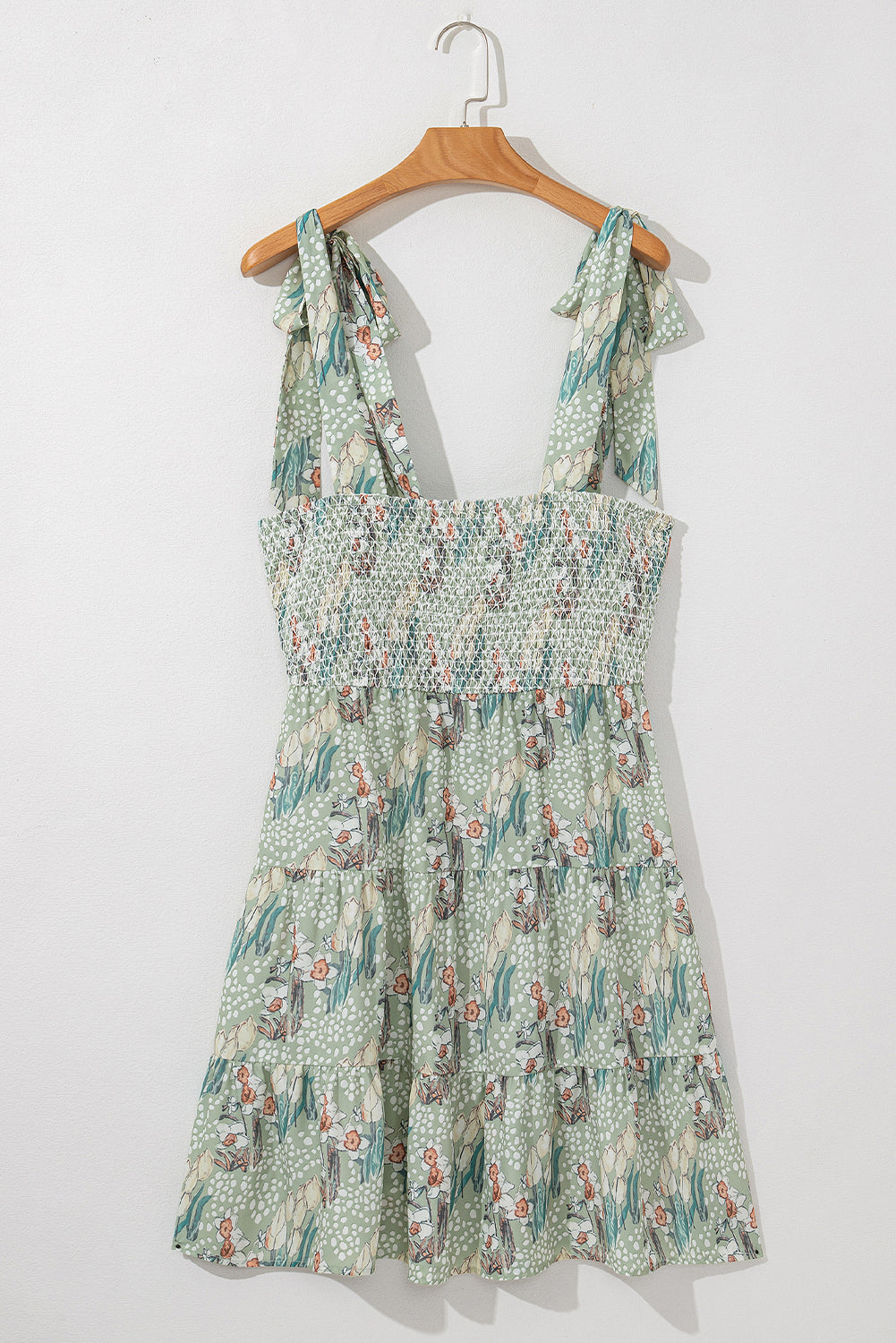 Grey Floral Knotted Strap Smocked Tiered Ruffle Mini Dress eAura