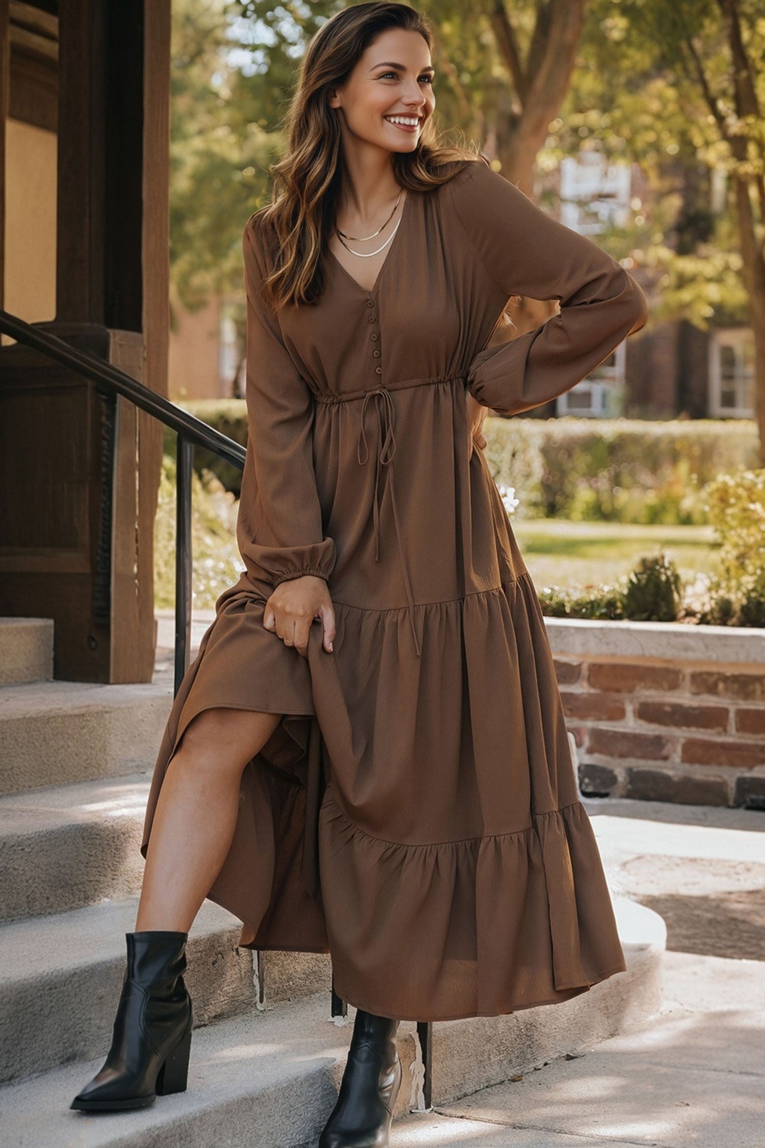 Long Sleeve Button V-Neck Tiered Maxi Dress - eAura