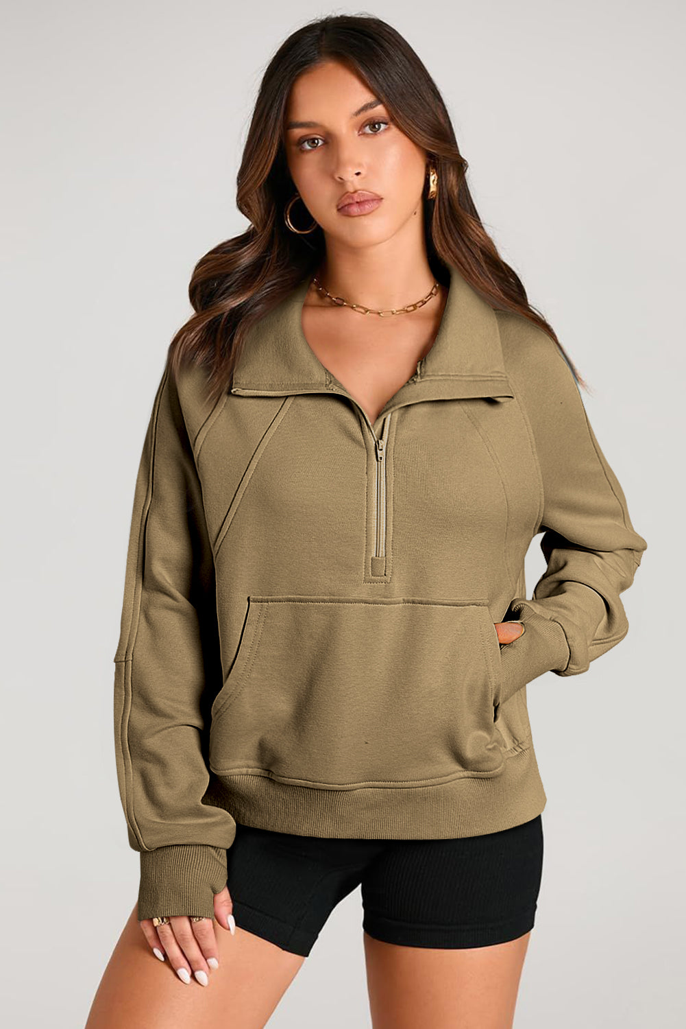Smoke Green Quarter Zip Stand Neck Kangaroo Pocket Sweatshirt eAura