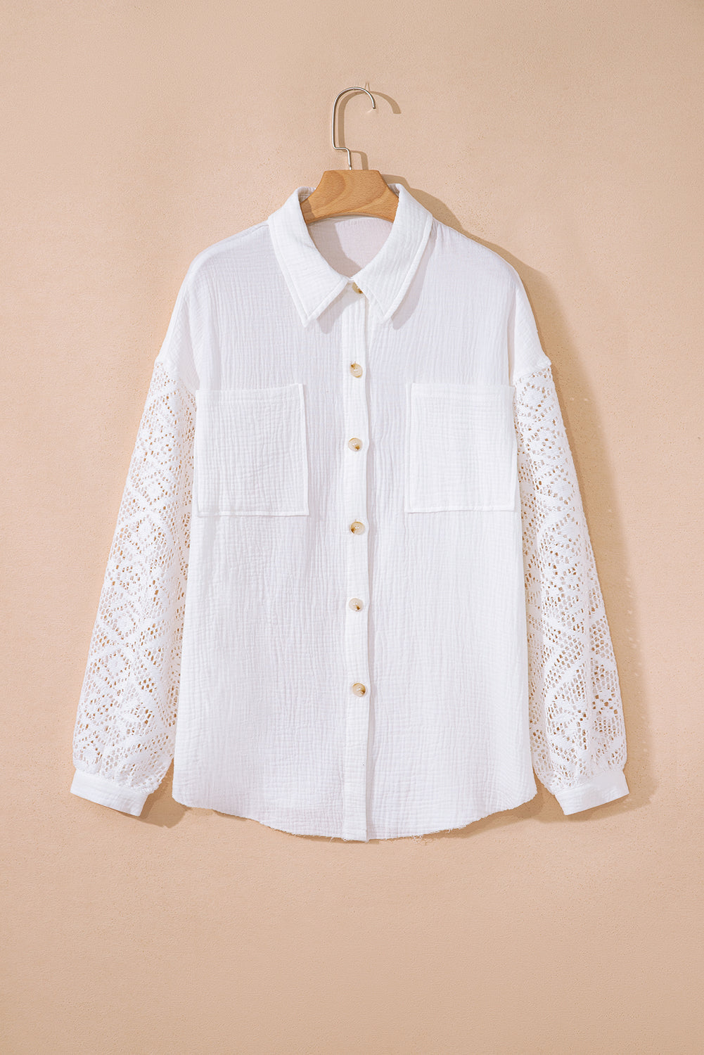 White Cotton Gauze Lace Patchwork Long Sleeve Shirt - eAura