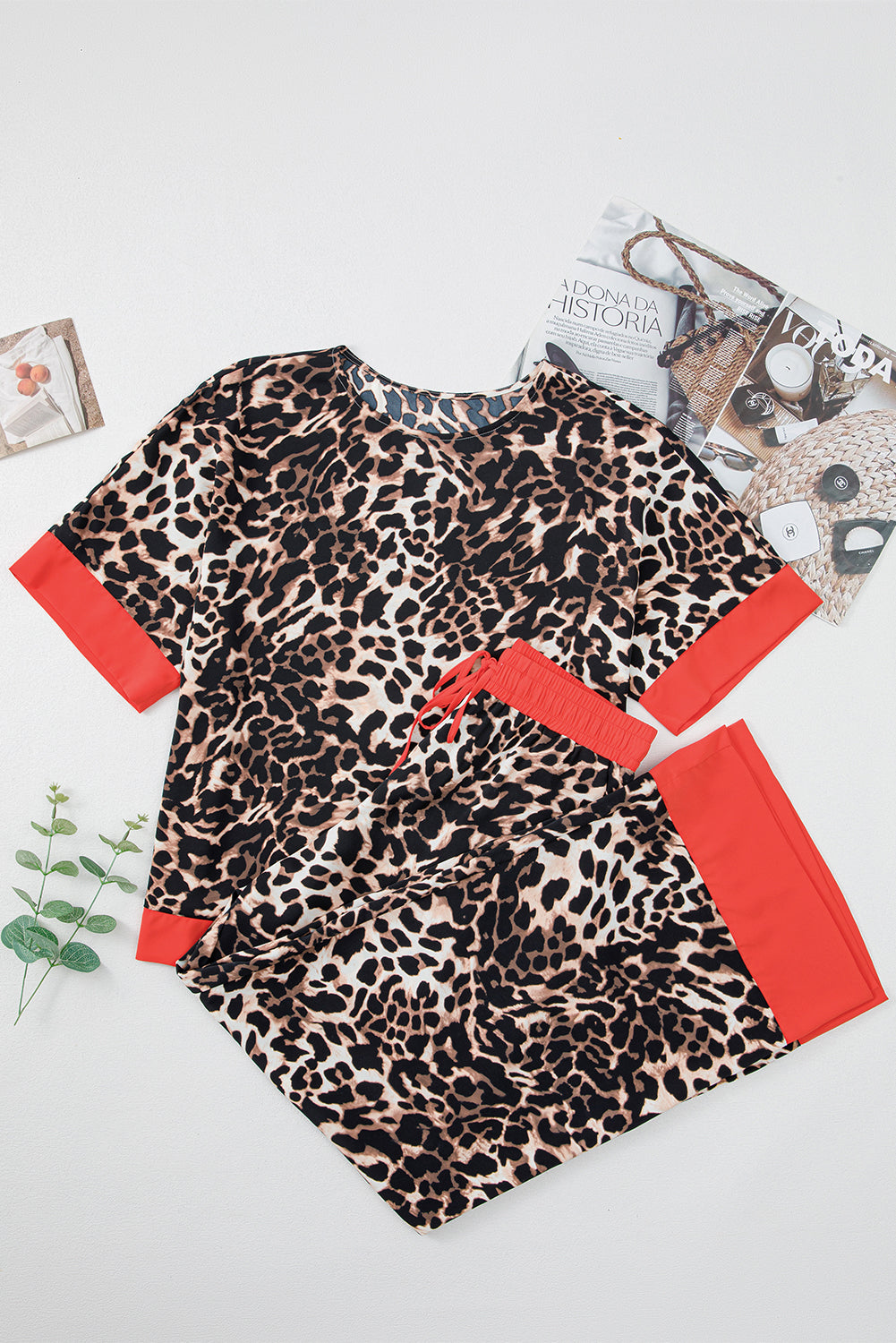 Brown Animal Print Colour Contrast Edge Loose Fit Trousers Set eAura