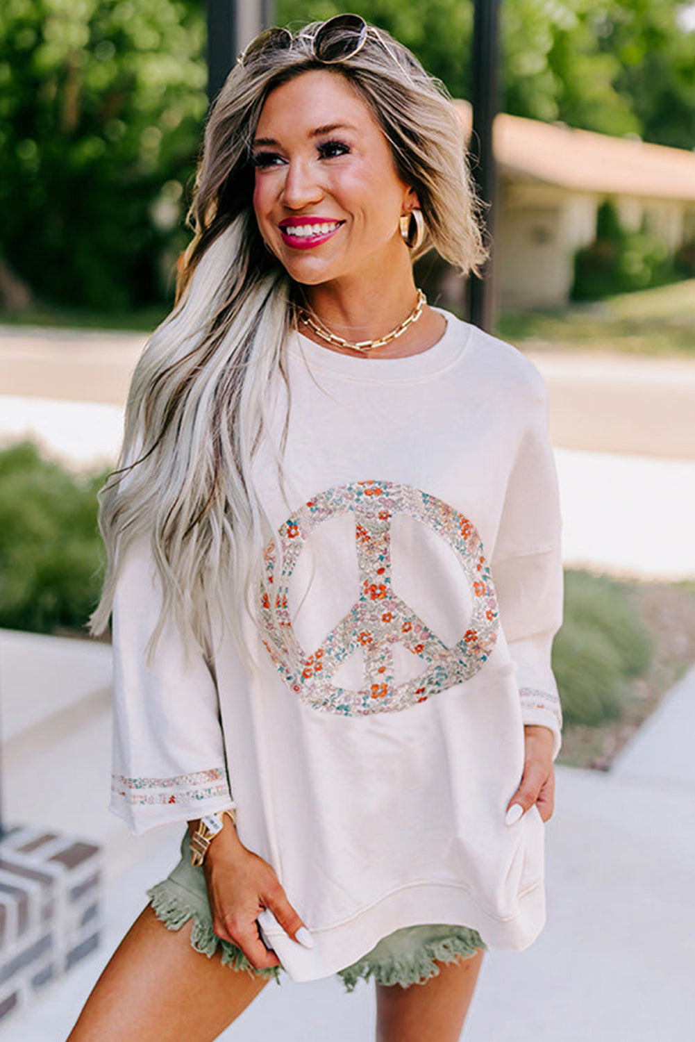 Jet Stream Floral Peace Sign Graphic Drop Shoulder Wide Sleeve Casual Top eAura