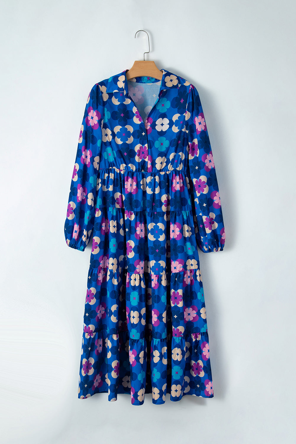 Blue Floral Peasant Sleeve Tiered Ruffle Midi Dress eAura