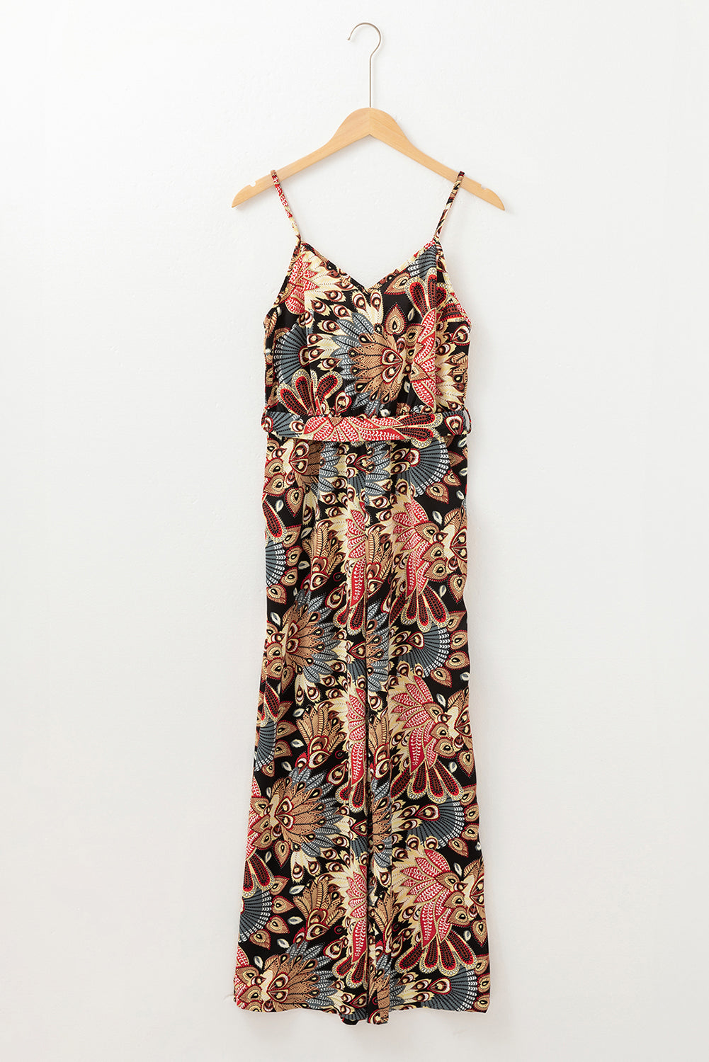 Black Floral Print Belted Sleeveless Wide Leg Jumpsuit eAura