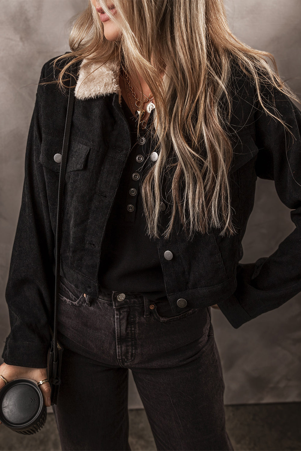 Black Fleece Lined Button-up Collared Corduroy Crop Jacket eAura