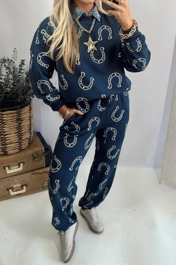Western Print Elastic Waist Pocket 2pcs Pant Set – Blue