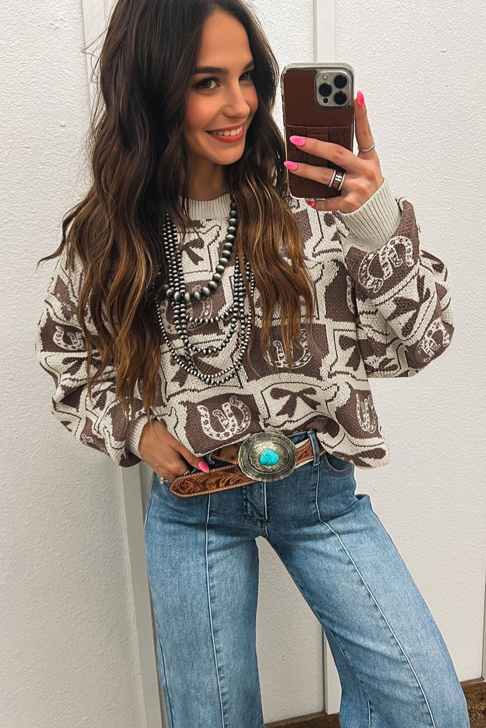 Bows & Horseshoes Pattern Western Fashion Print Sweater eAura