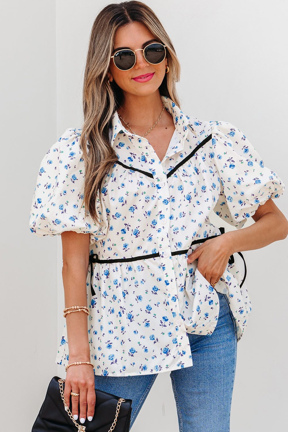White Contrast Trim Floral Puff Short Sleeve Shirt BB Fashion Outlet