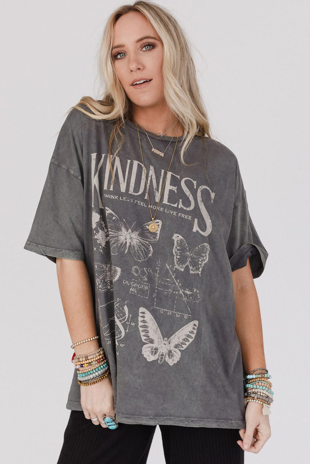 Dark Grey Kindness Butterflies Graphic Mineral Wash Loose Tee eAura