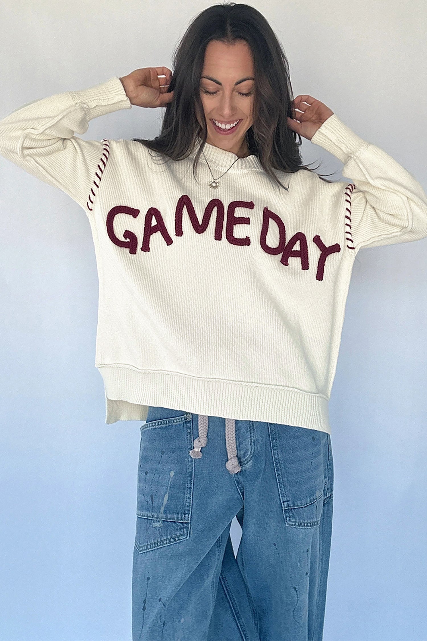 Drop Shoulder Game Day Letter Print Pullover Sweater – Beige