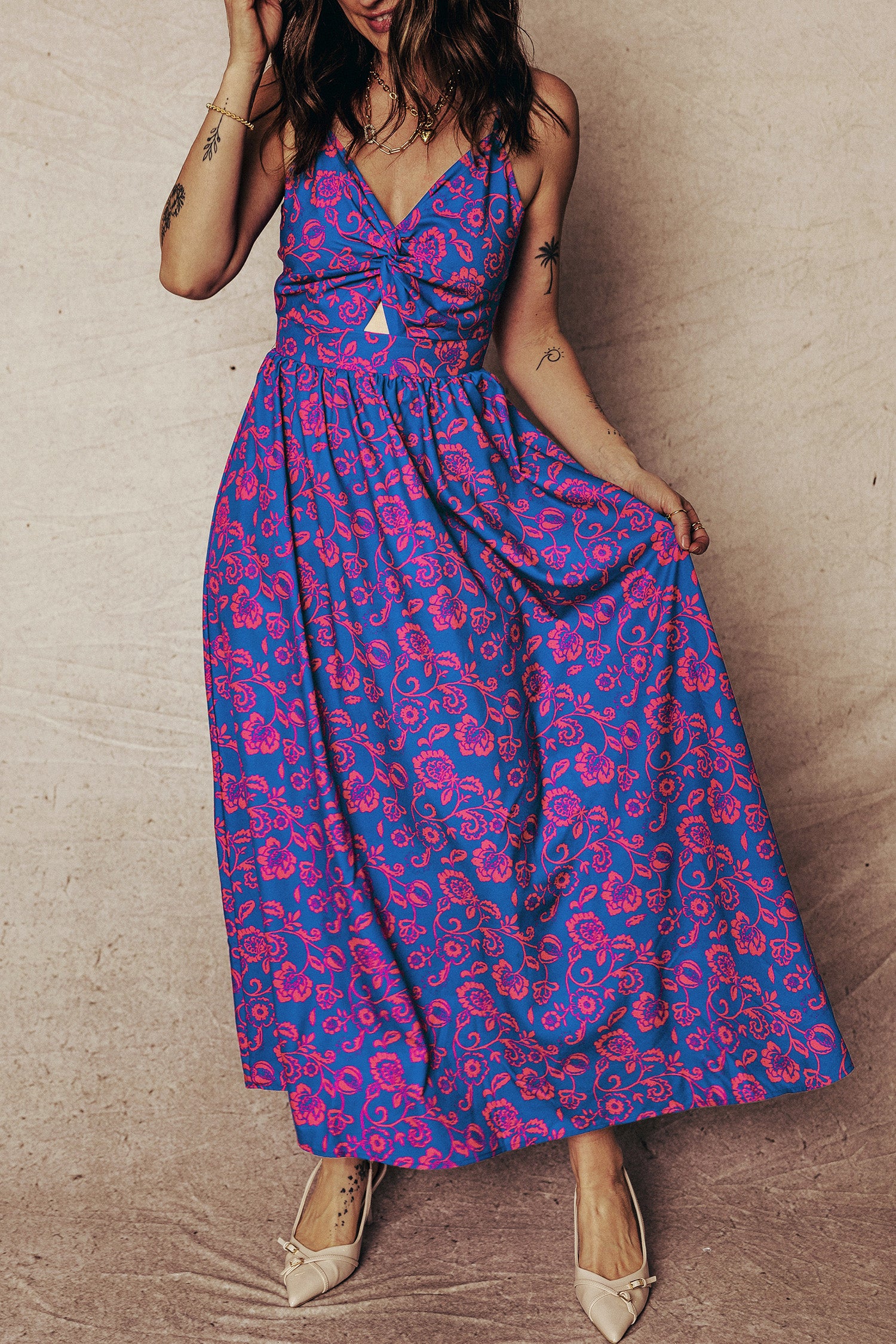 Blue Floral Print Twisted V-Neck Tied Backless Maxi Dress