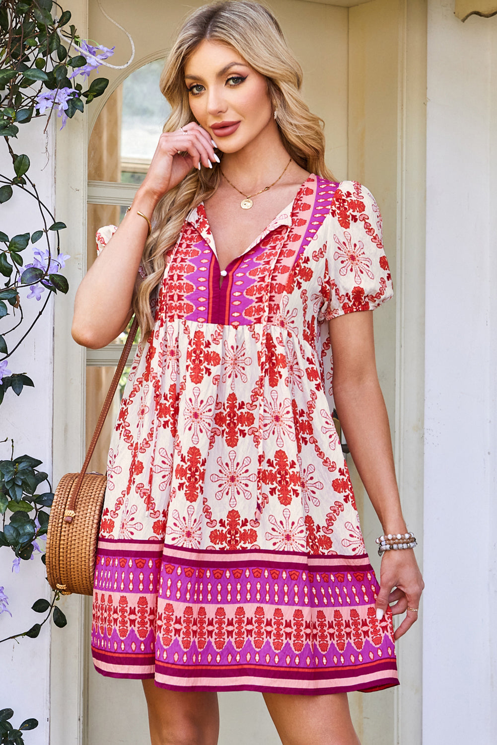 Rose Boho Floral Short Sleeve Lace-up V Neck Mini Dress eAura