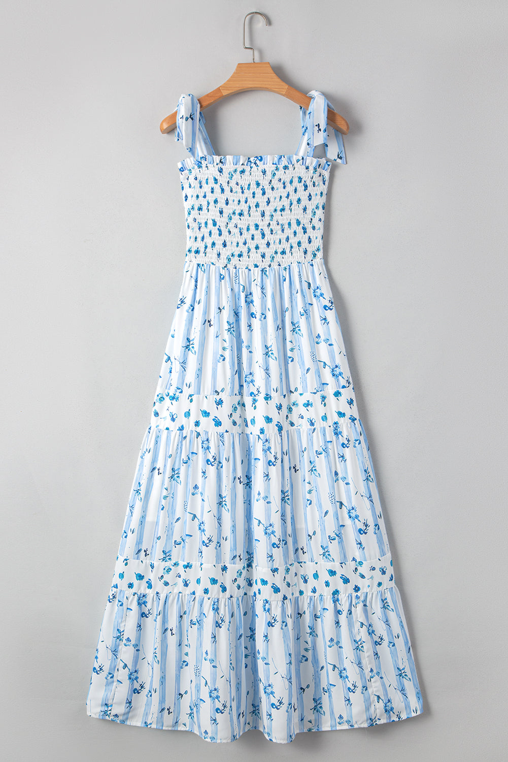 Sky Blue Floral Smocked Tied Straps A-Lined Tiered Maxi Dress eAura