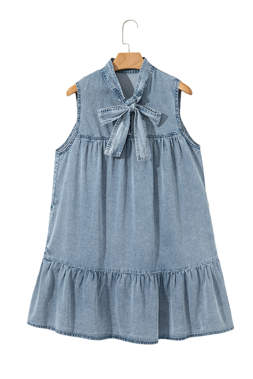 Bowknot Neck Sleeveless Ruffled Chambray Dress eAura