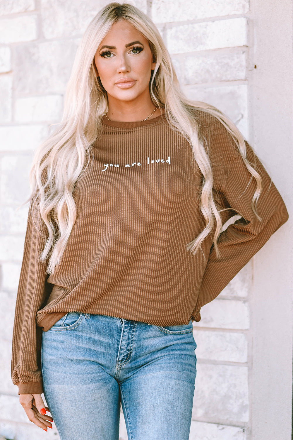 Khaki You Are Loved Print Corduroy Sweatshirt eAura