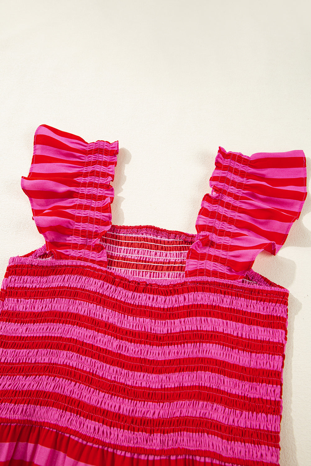 Rose Stripe Flutter Sleeve Smocked Bodice Tiered Maxi Dress eAura