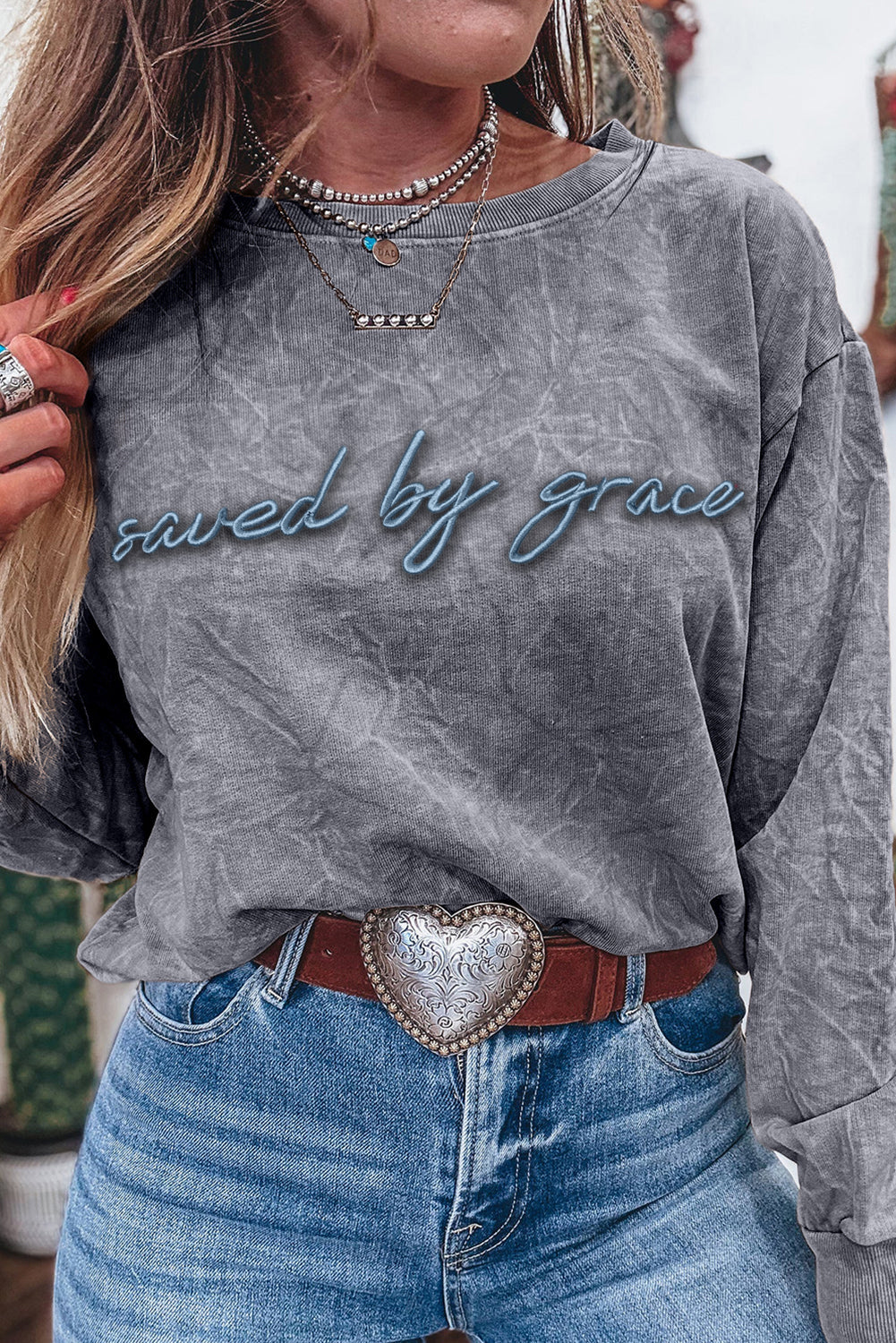 "Saved By Grace" Letter Embroidery Mineral Wash Loose Sweatshirt - eAura
