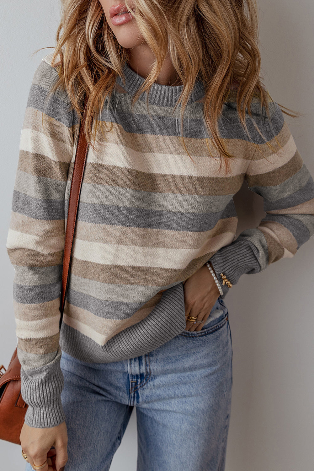 Grey Stripe Colour Block Ribbed Edge Round Neck Sweater eAura