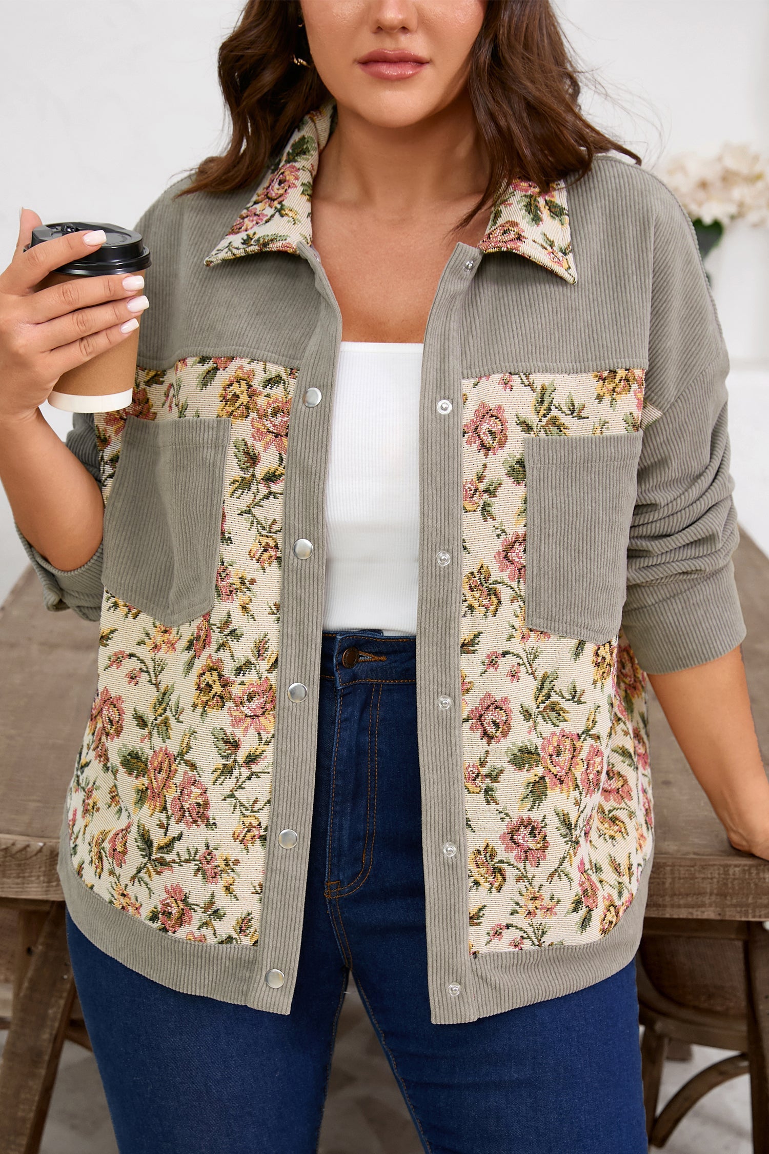 Soft Corduroy Floral Patchwork Jacket - eAura