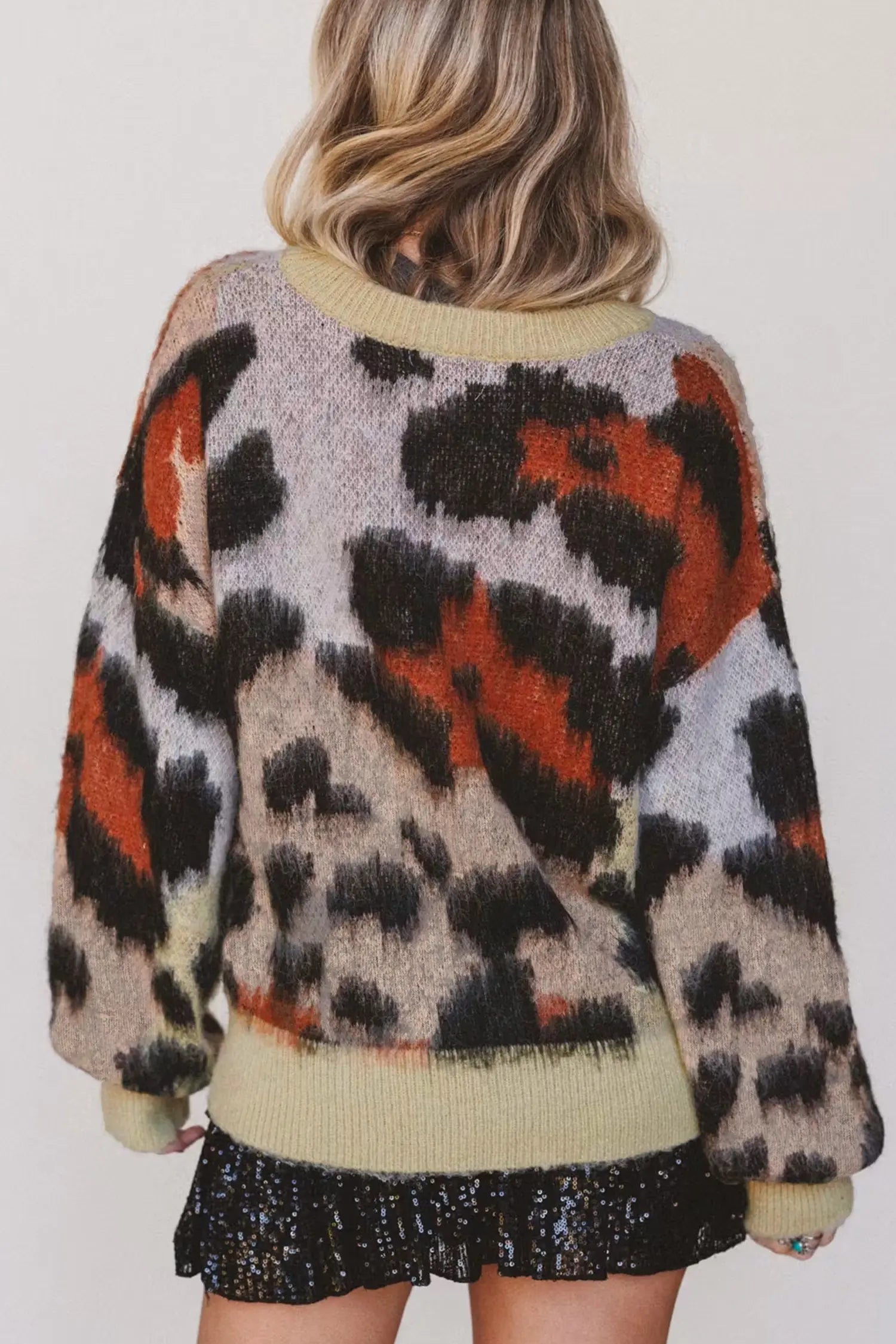 Leopard Print Drop Shoulder Long Sleeve Round Neck Sweater – Khaki