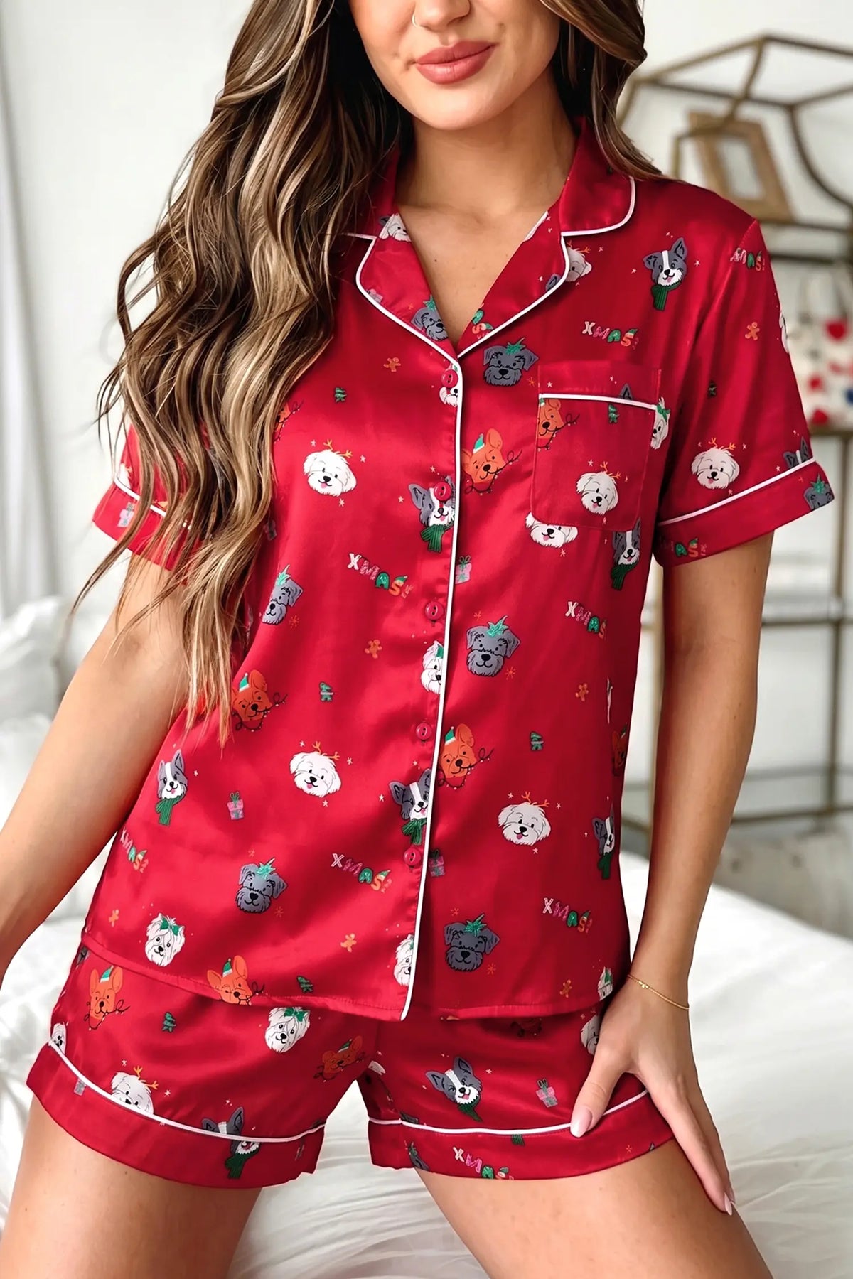 Short Sleeve Two Piece Lounge Set — Festive Dog Print