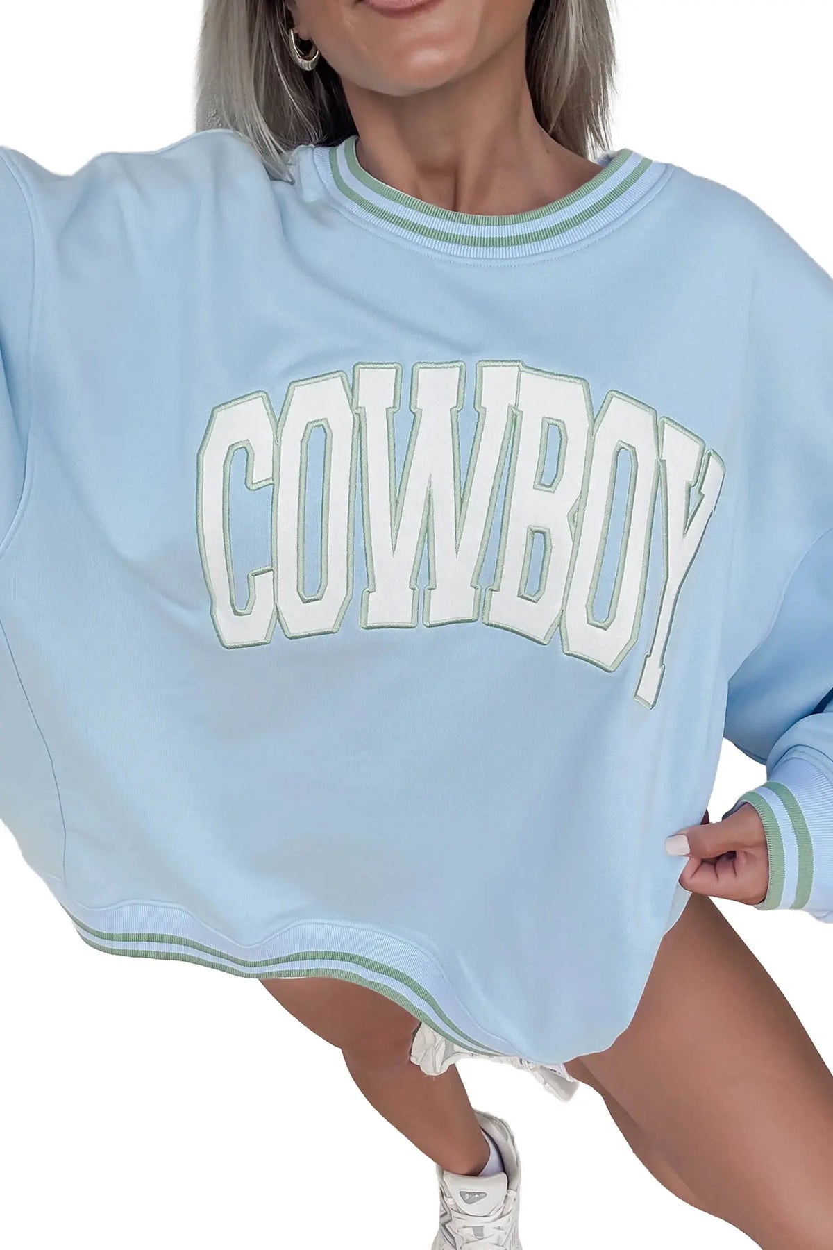 Embroidered Cowboy Letter Print Long Sleeve Round Neck Sweatshirt – Beau Blue