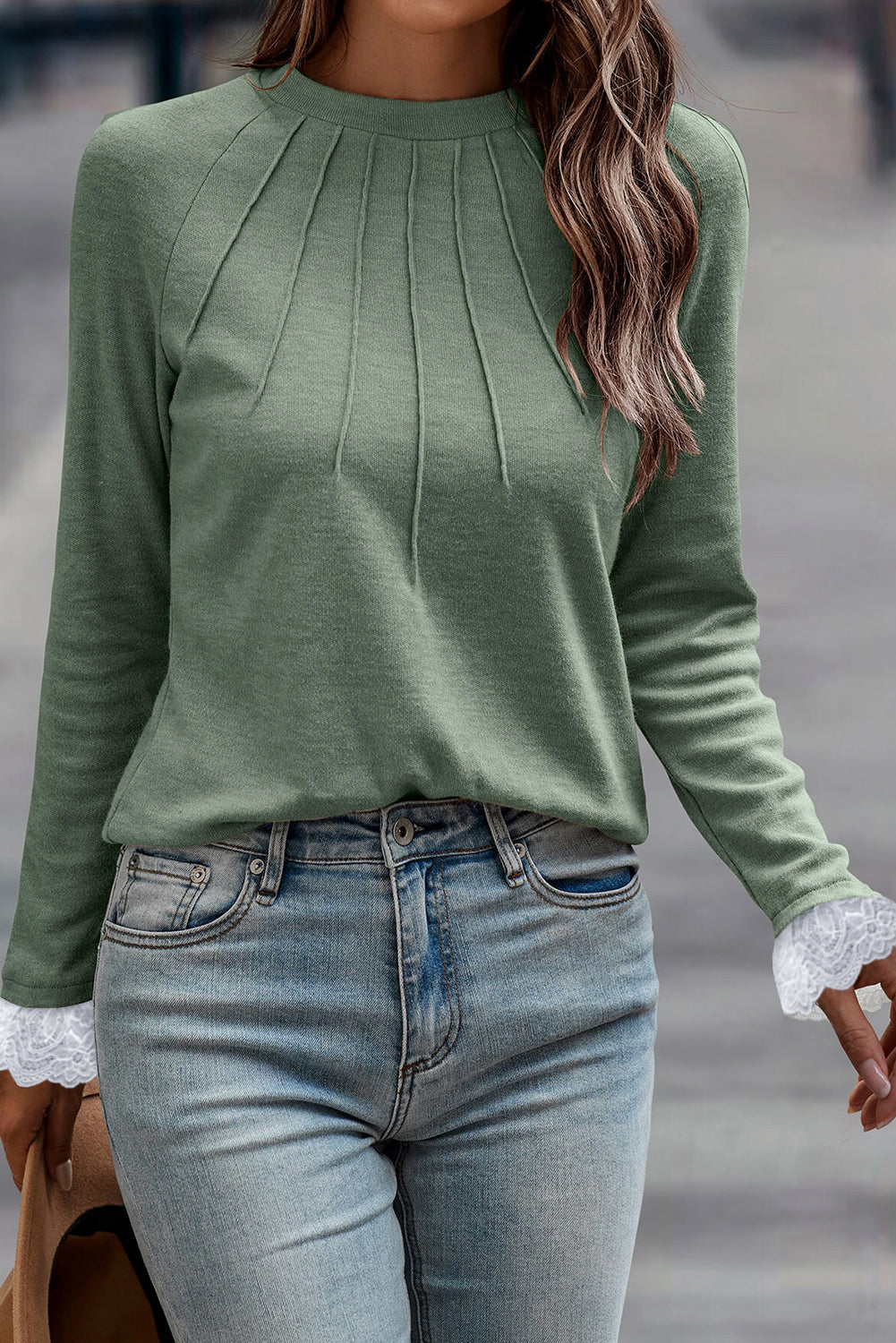 Grass Green Seam Detail Lace Contrast Cuffs Raglan Sleeve Top eAura